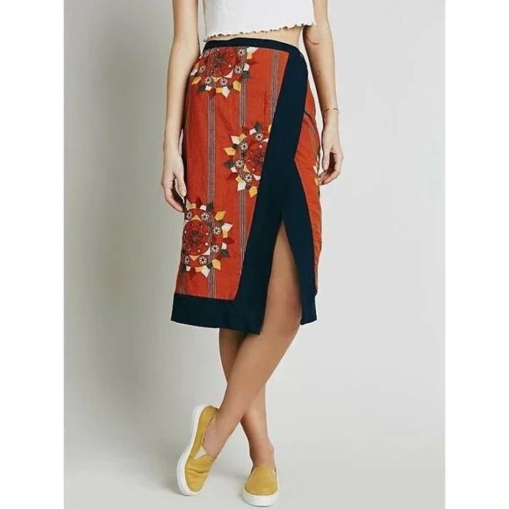 FREE PEOPLE SONGBIRD ASYMMETRICAL WRAP MIDI EMBROIDERED SKIRT RUST - NWOT